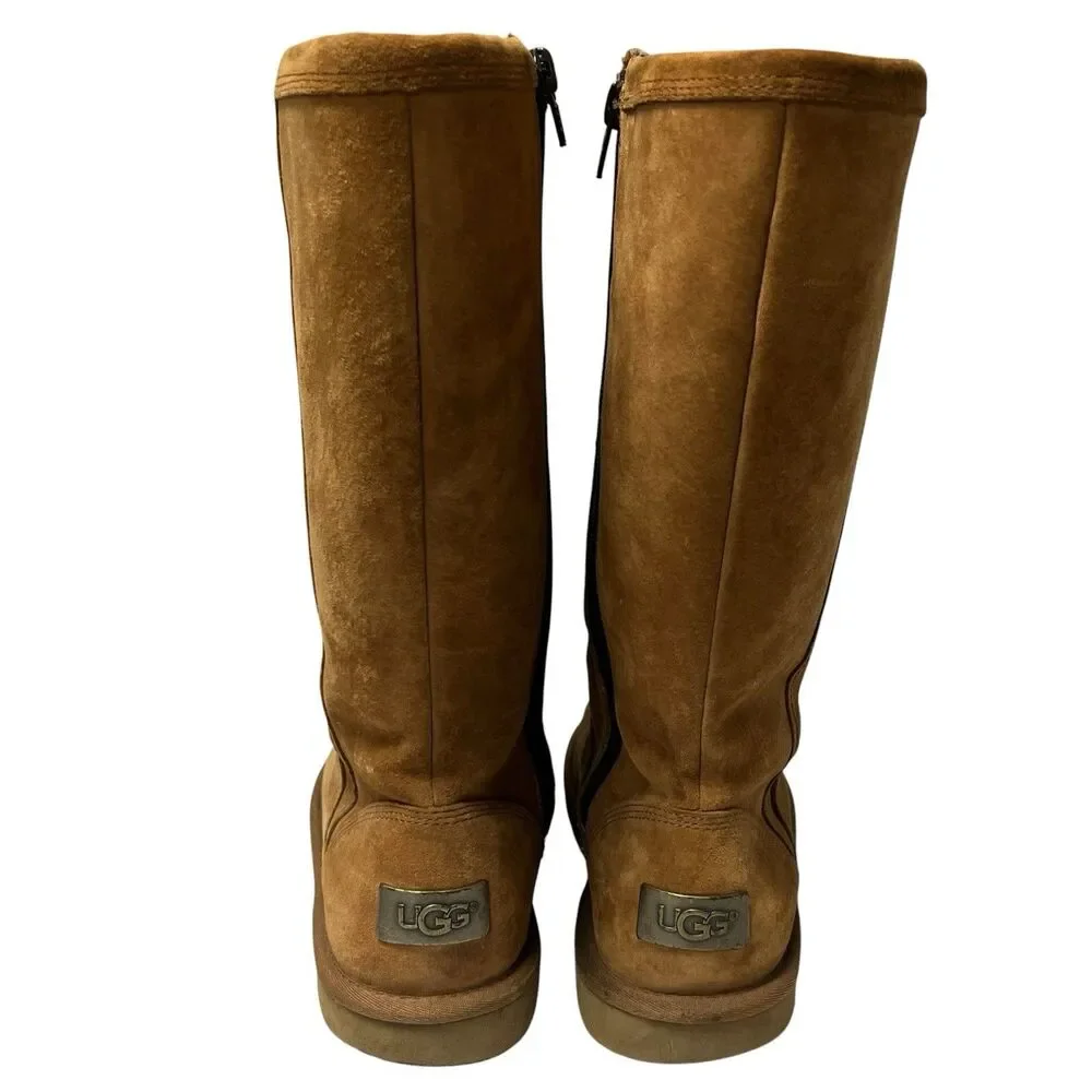UGG Australia Kenly 1890 Winter Tall Chestnut Suede Side Zip Boots Womens Size 8